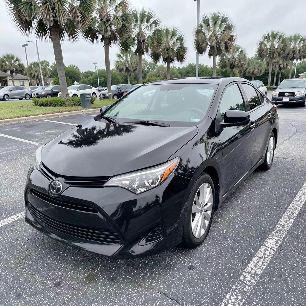 Black Toyota Corolla rental sedan in a Florida parking lot