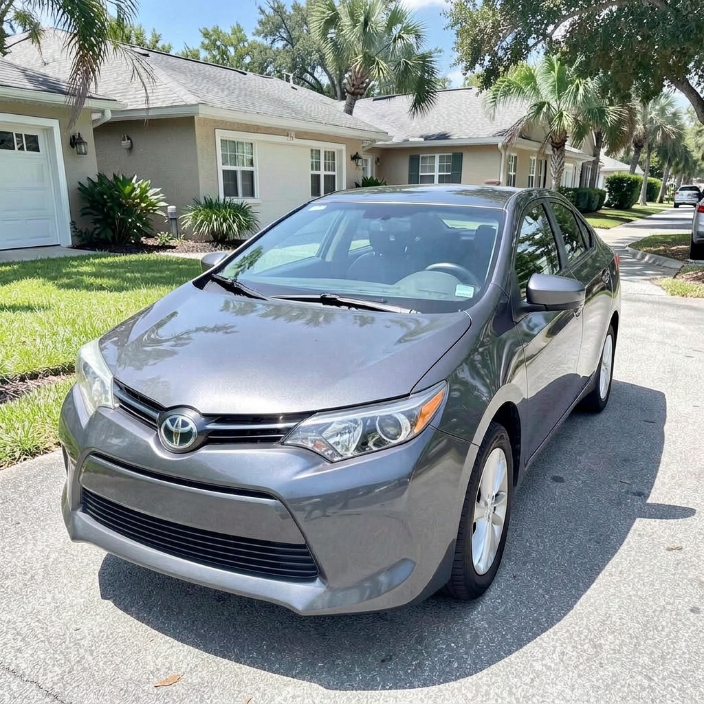Gray Toyota Corolla rental sedan in a residential driveway
