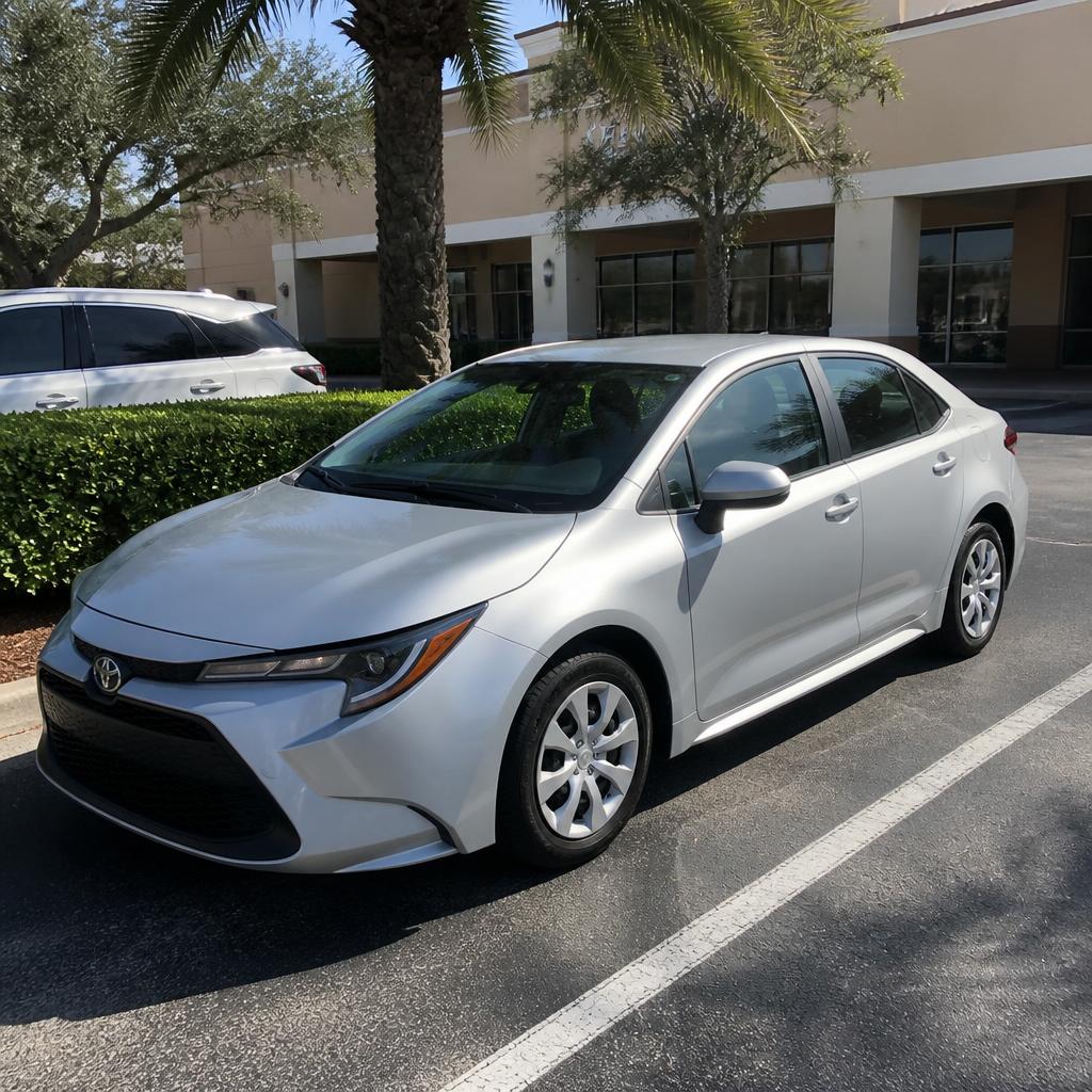 Silver Toyota Corolla rental sedan ready for pickup in a parking lot